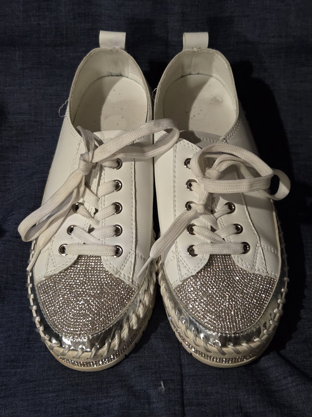 Source Unknown White Lace-Up Sneakers with Silver Glitter Toe